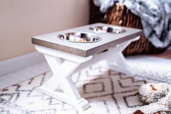 Small Elevated Dog Bowl Stand - Trestle Farmhouse Table - Three Bowl S -  billscustombuilds