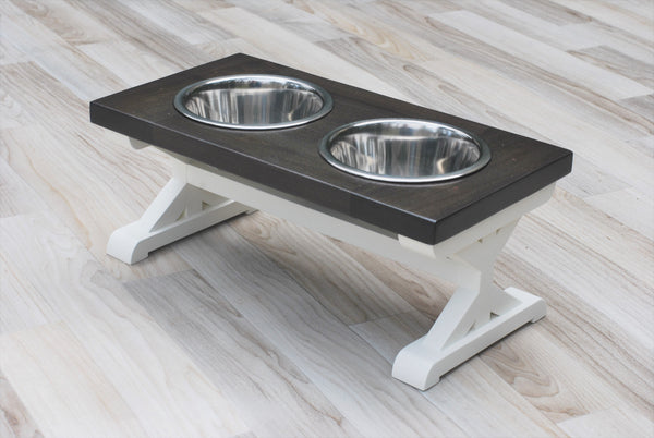 Small Elevated Dog Bowl Stand - Trestle Farmhouse Table - Three Bowl Stand