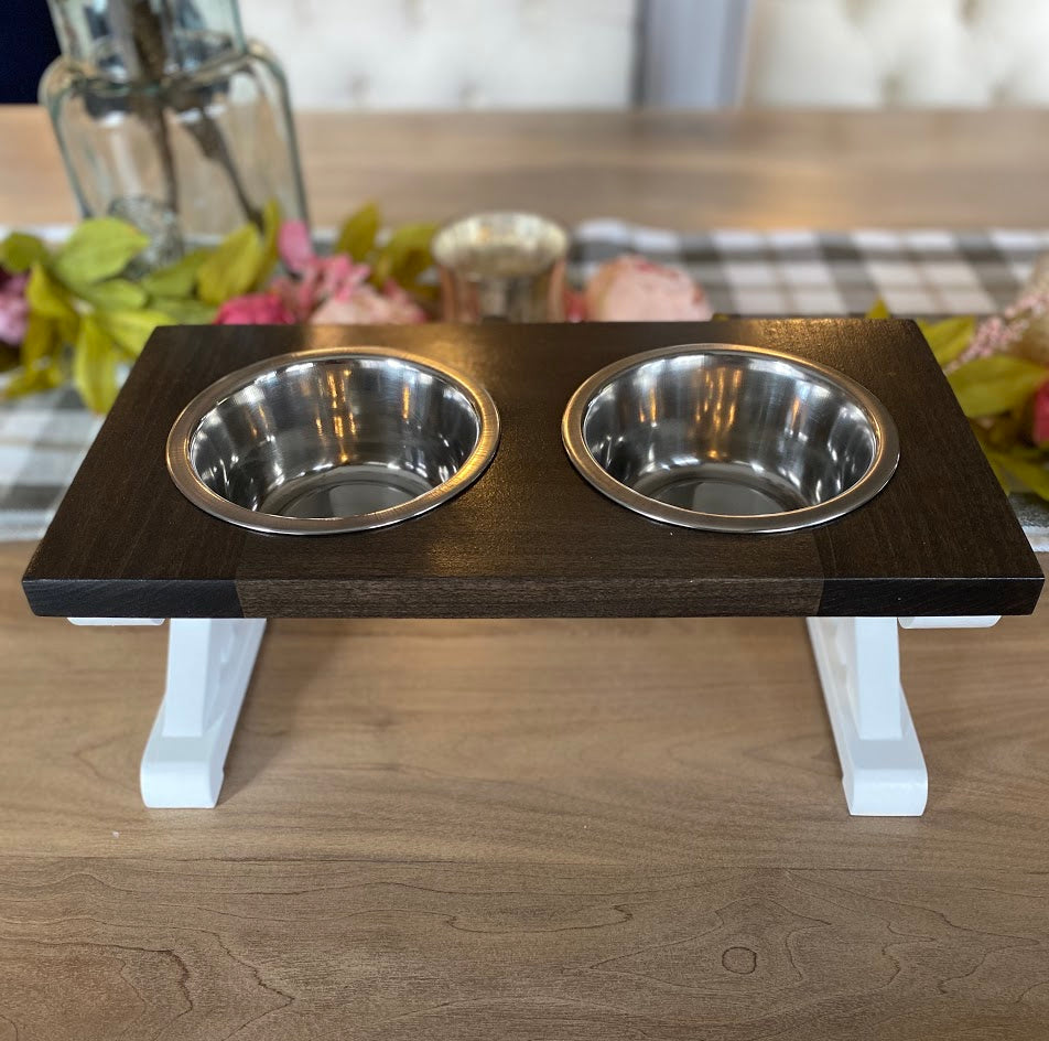 Small Elevated Dog Bowl Stand - Trestle Farmhouse Table - Three Bowl Stand