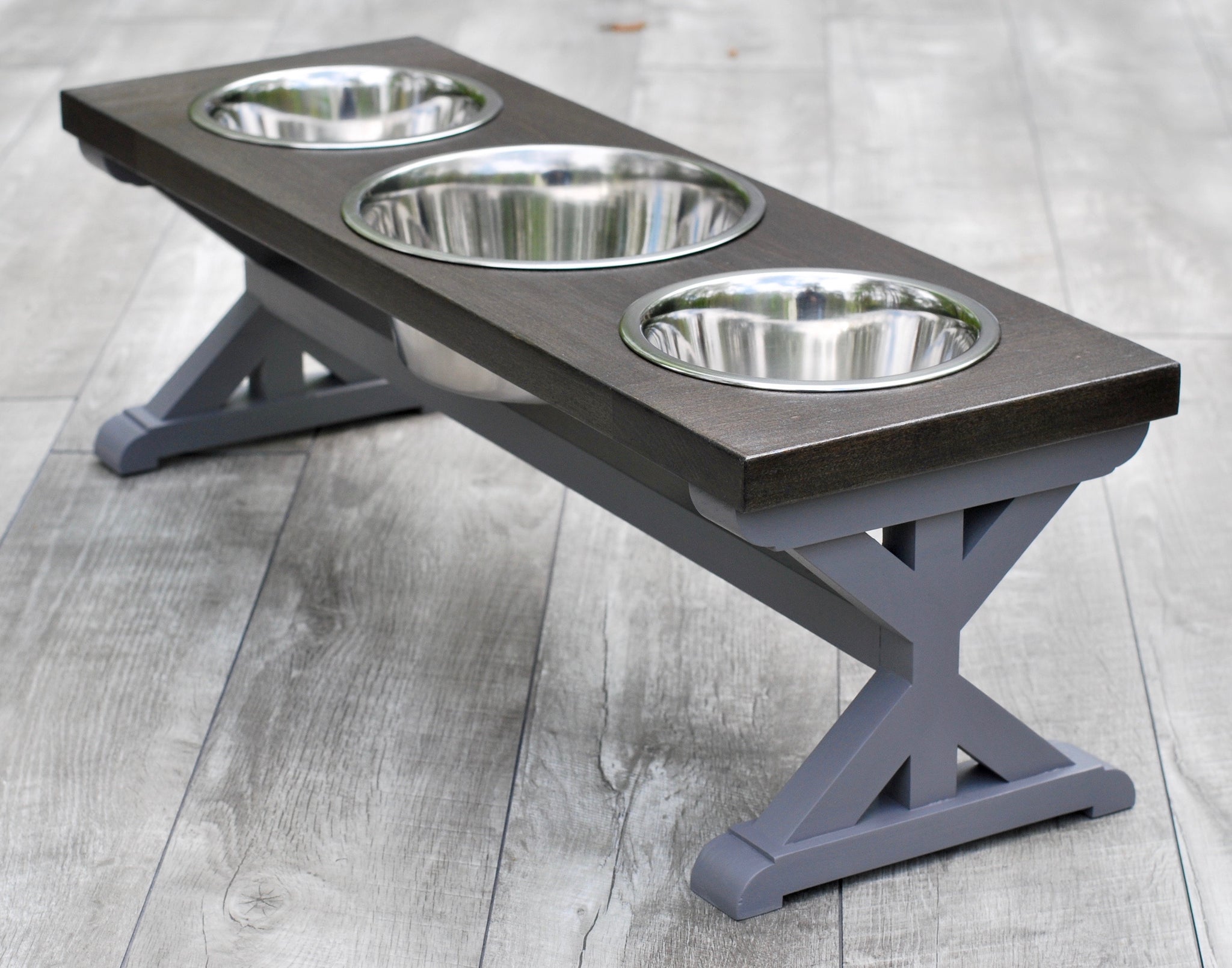 Medium Elevated Dog Bowl Stand - X Pattern Farmhouse Table - Three