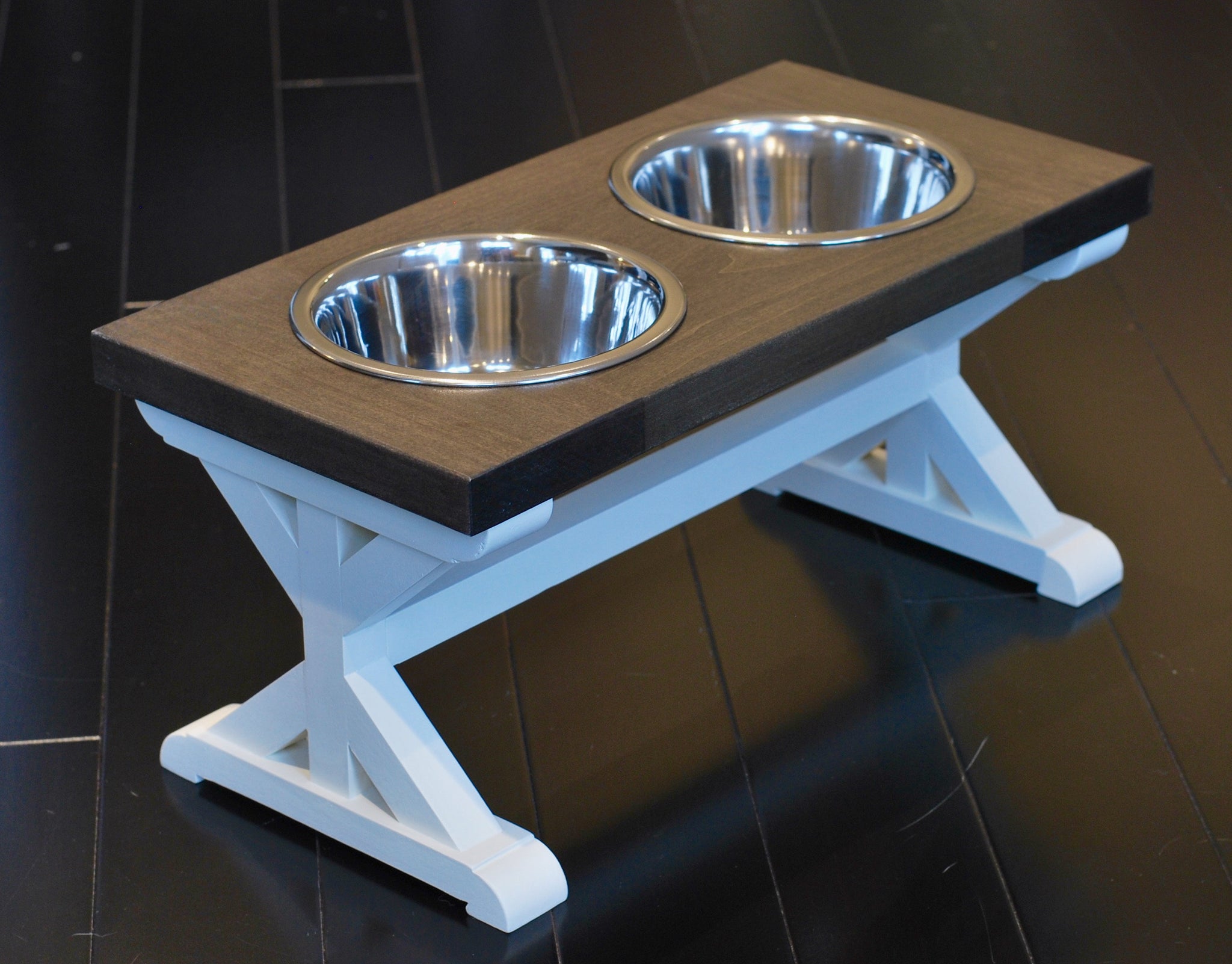 Small Elevated Dog Bowl Stand - Trestle Farmhouse Table - Three Bowl S -  billscustombuilds