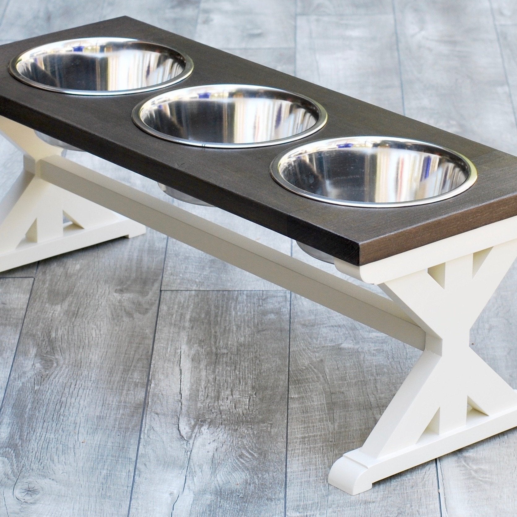 Oak top - Large Elevated Dog Bowl Stand, 3 Bowl Dog Stand, Raised