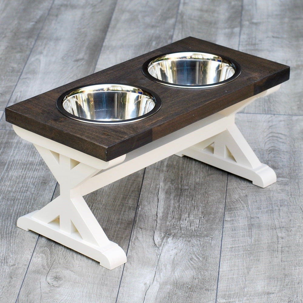 Medium Elevated Dog Bowl Stand Trestle Farmhouse Two Bowl Stand